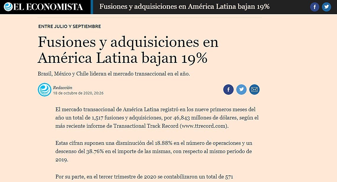 Fusiones y adquisiciones en Amrica Latina bajan 19%